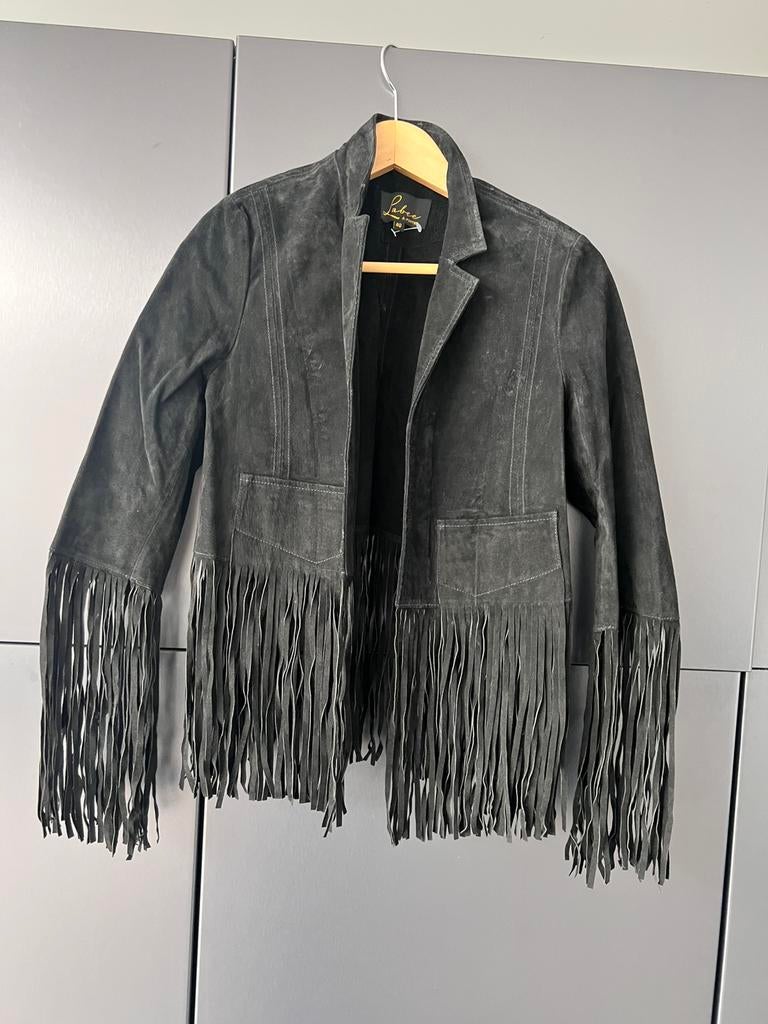 VINTAGE BOHO BOHEMIAN ZWARTE LEREN COLBERT MET FRANJES 40, Maat 38/40 (M), Zwart, Ophalen of Verzenden, Zo goed als nieuw