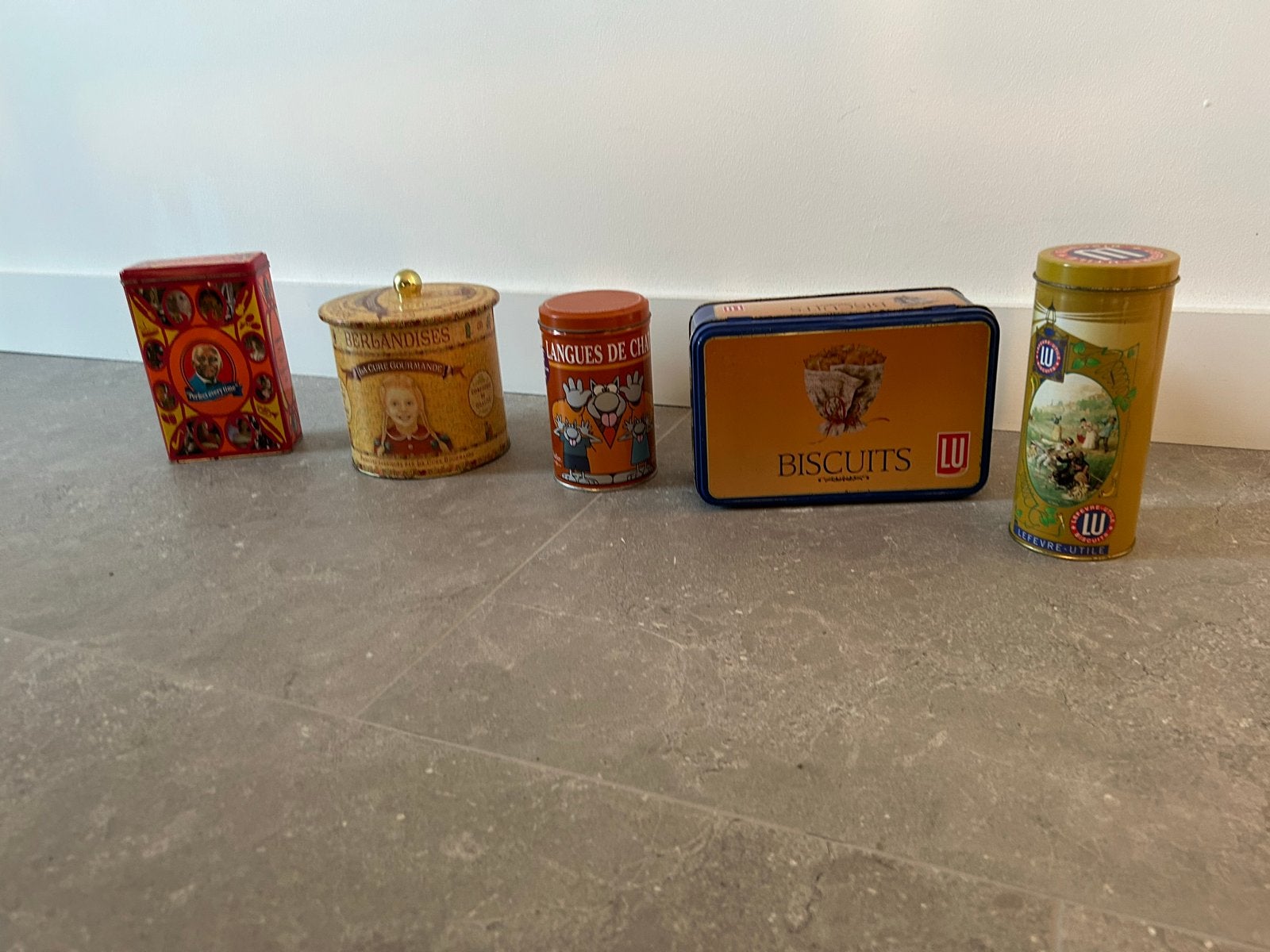 Set van 5 vintage blikken, waaronder LU en Uncle Ben's, Ophalen of Verzenden, Gebruikt, Koek(jes), Overige merken