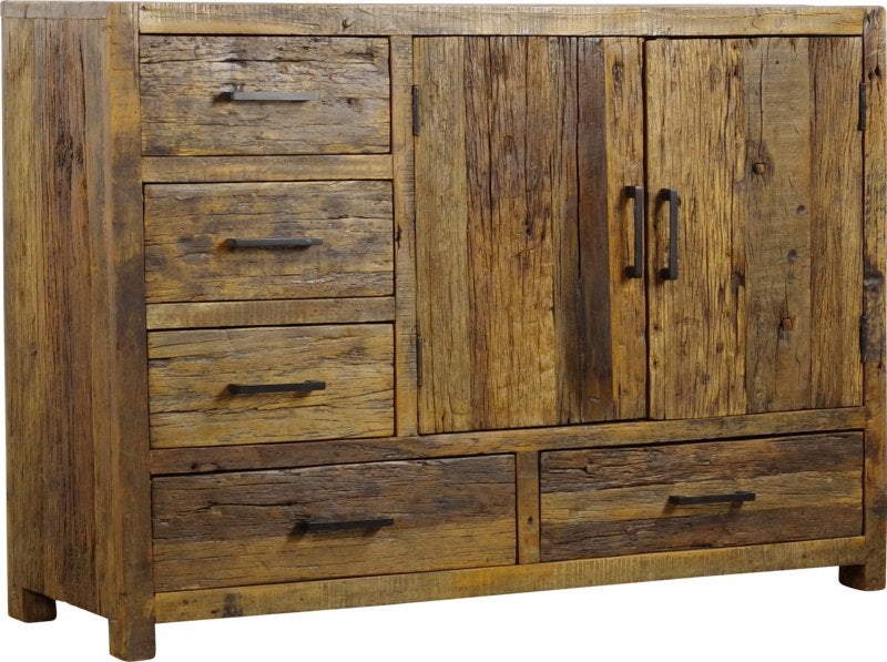 Dressoir oud hout 120 cm 5 lade+ 2 deuren voor laagsteprijs, 100 tot 150 cm, 5 laden of meer, Nieuw, Dressoir oud hout 120 cm 5 lade+ 2 deuren voorraad en actie
