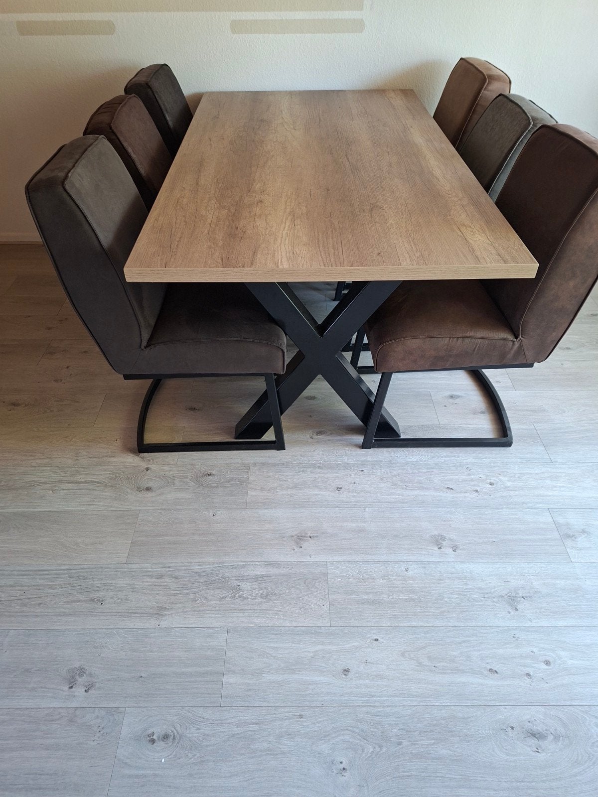 Eettafel met 6 stoelen - Modern design, Ophalen, Eikenhout, 50 tot 100 cm, Zo goed als nieuw