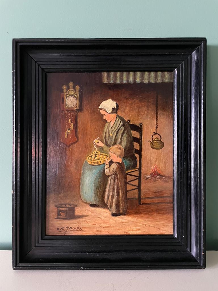 Huiselijk decor | olieverf op paneel | gesigneerd 1875-1925, Ophalen of Verzenden