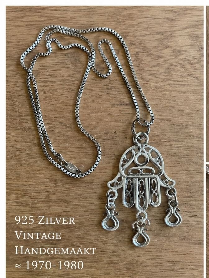 Vintage zilveren ketting met handgemaakte hanger, Verzenden, Zo goed als nieuw, Zilver, Zilver