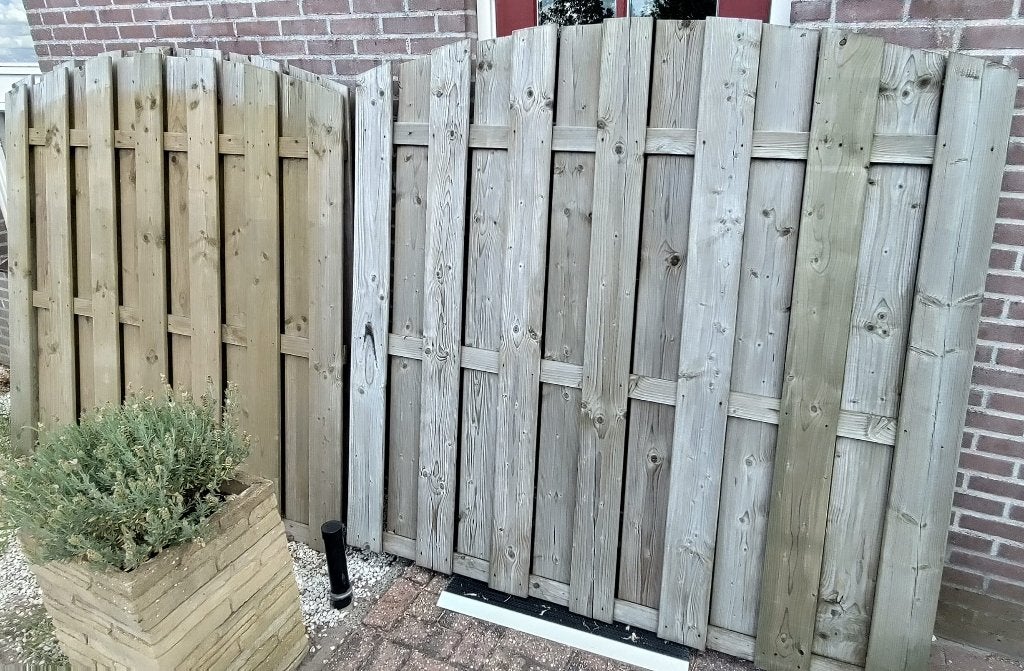 Houten tuinschermen geïmpregneerd grenengebogen bovenkant, Ophalen, 150 tot 200 cm, Zo goed als nieuw, 150 tot 200 cm