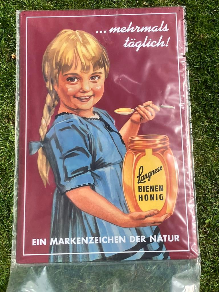Vintage duits blikken bord reclamebord honing geen emaille, Ophalen of Verzenden, Zo goed als nieuw, Reclamebord