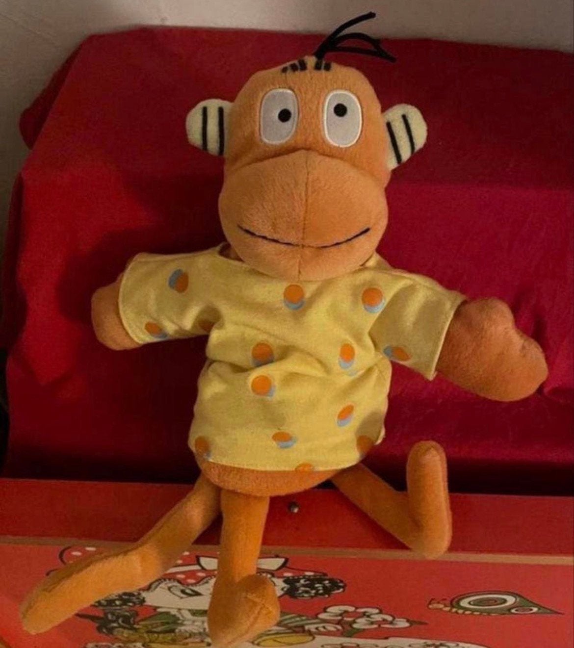 Leuke oranje aap knuffel met geel shirt poppenkastpop 30 cm, Kinderen en Baby's, Speelgoed | Knuffels en Pluche, Oranje, Overige karakters
