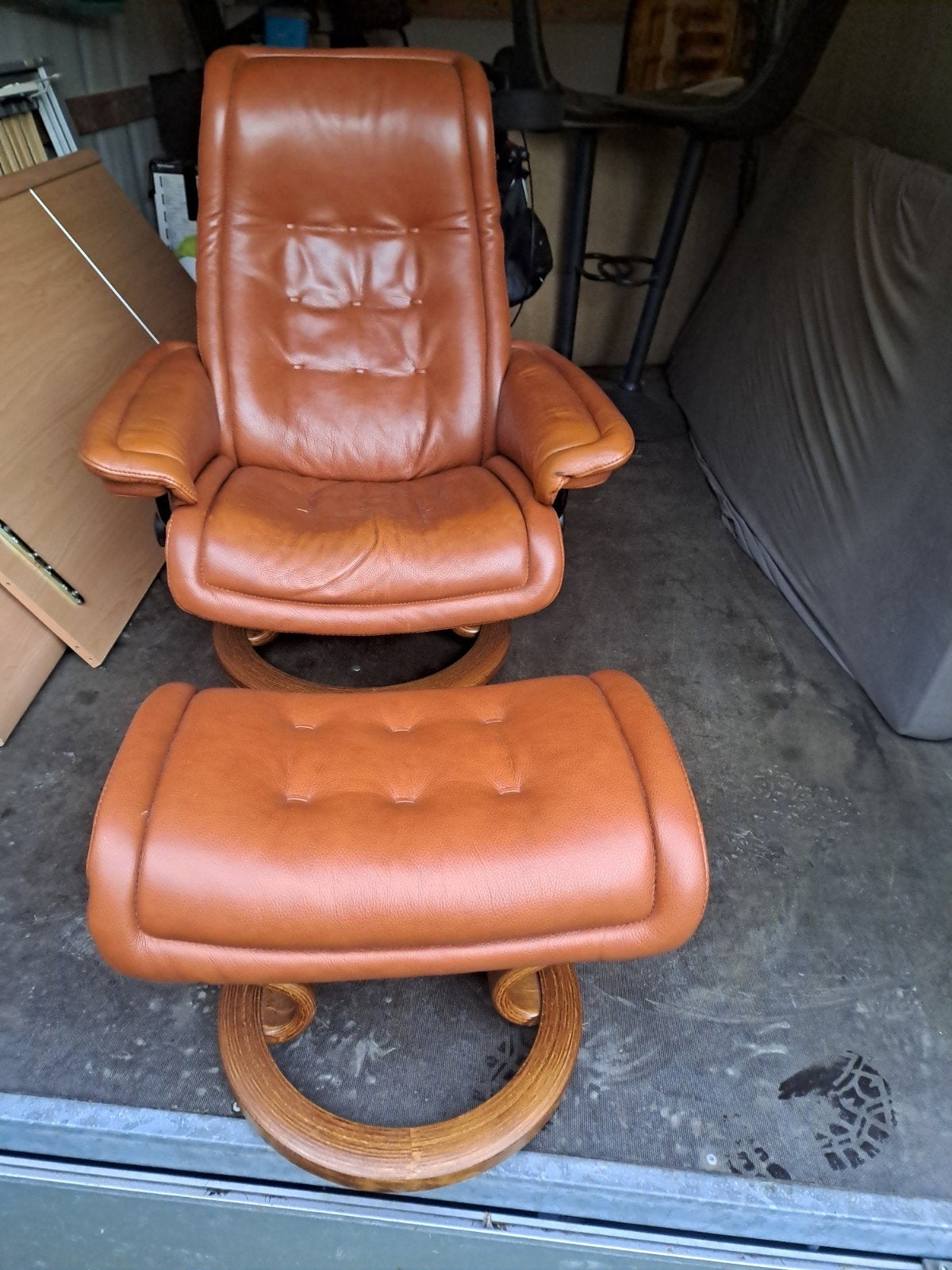Vintage Ekornes Stressless Royal fauteuil + hocker, Ophalen, Gebruikt, 75 tot 100 cm, Vintage, Scandinavisch, Jaren 70/80