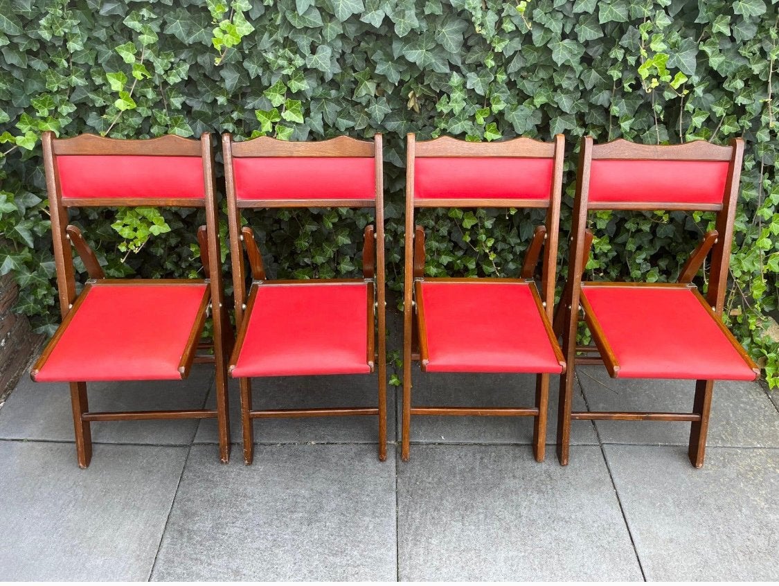 Set 4 Vintage ‘Shanghai’ klap-stoelen jaren 60 rood skai, Ophalen, Gebruikt, Vier, Rood