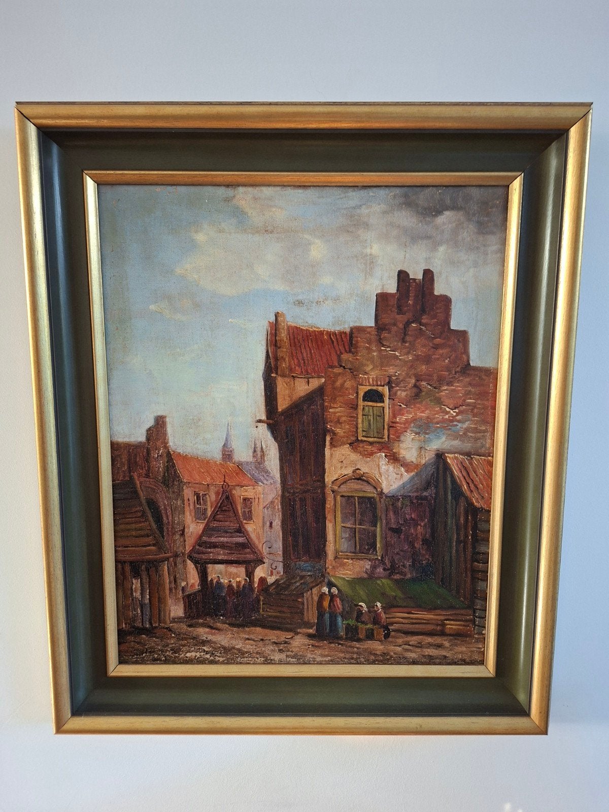 Olieverf schilderij 'straat met wasplaats', Antiek en Kunst, Ophalen of Verzenden