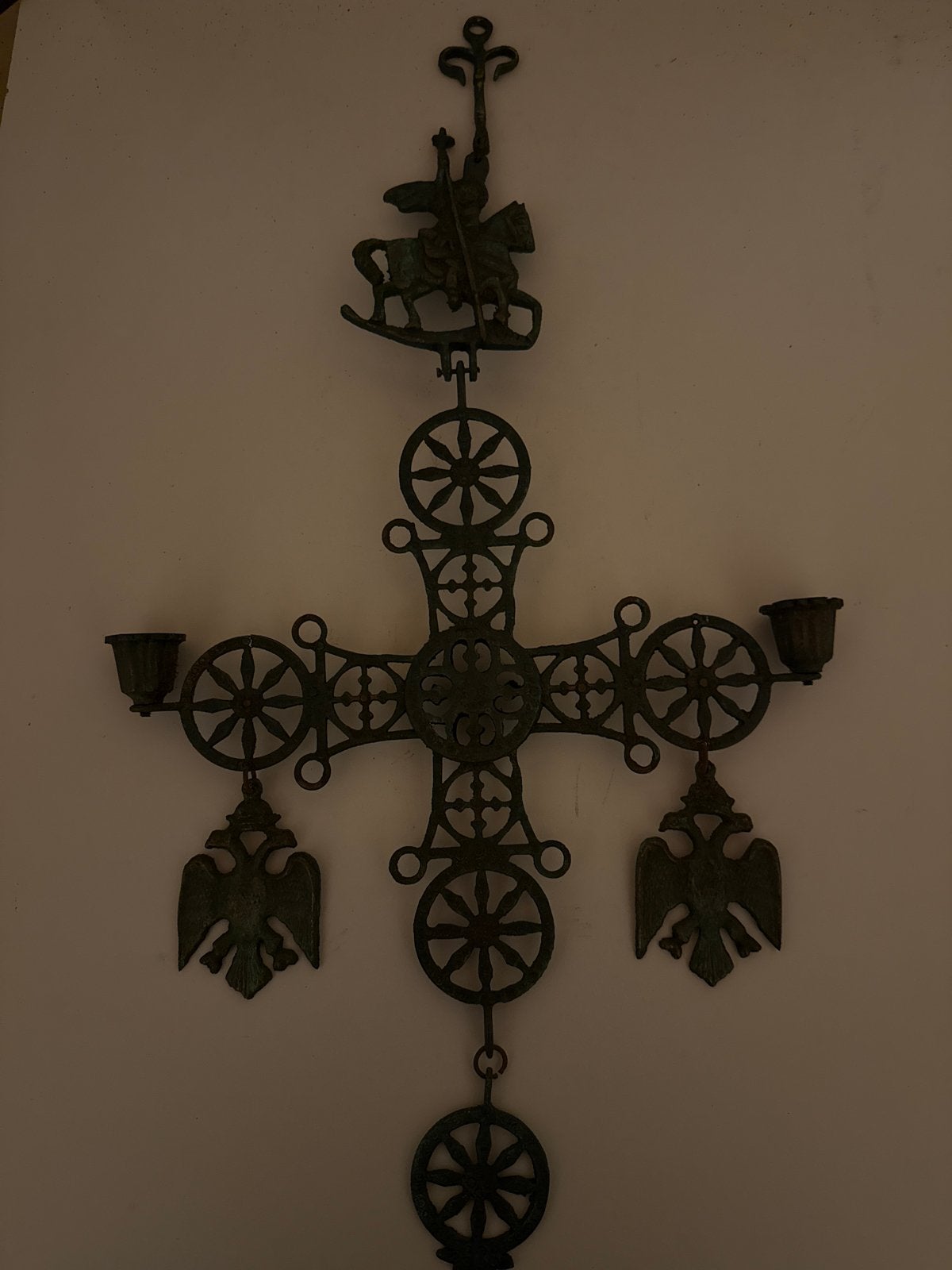 Antiek koperen kruis met Sint Joris en draak, Ophalen of Verzenden