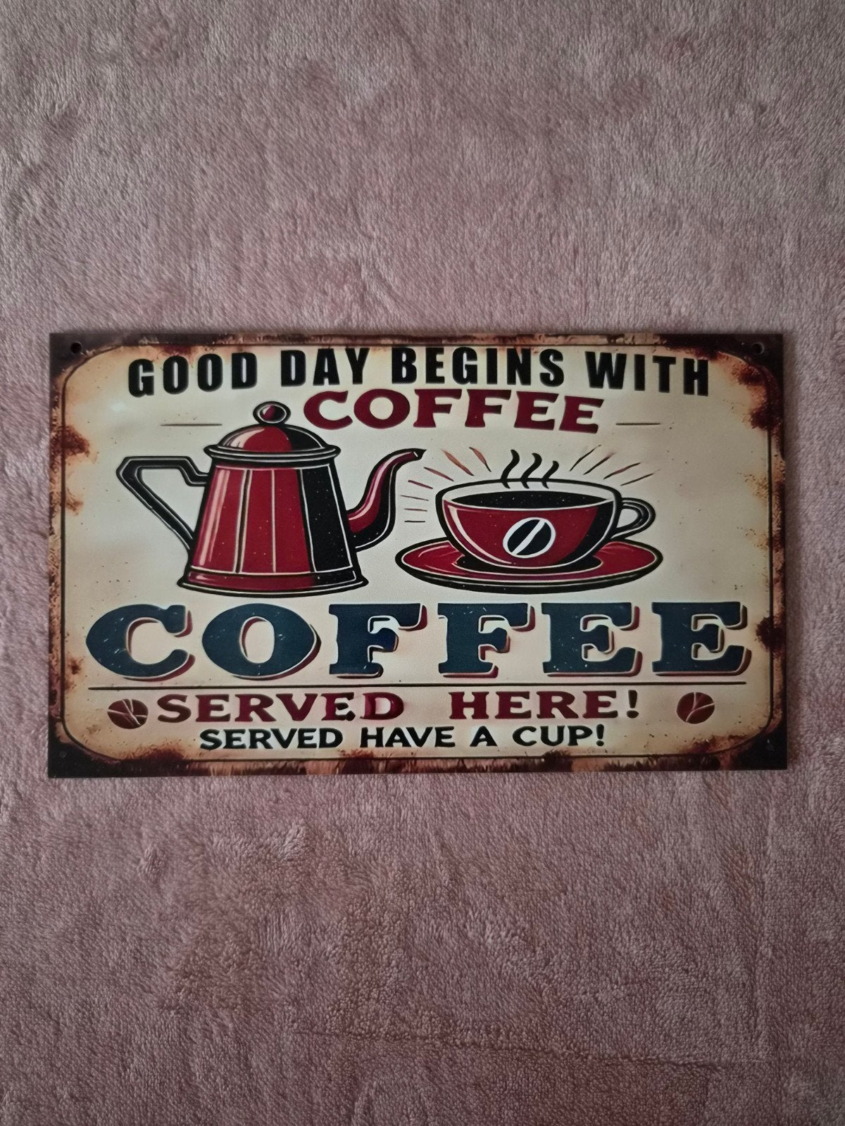Vintage Koffie Reclamebord - "Good Day Begins With Coffee", 25 cm, 15 cm, Hout, Ophalen of Verzenden