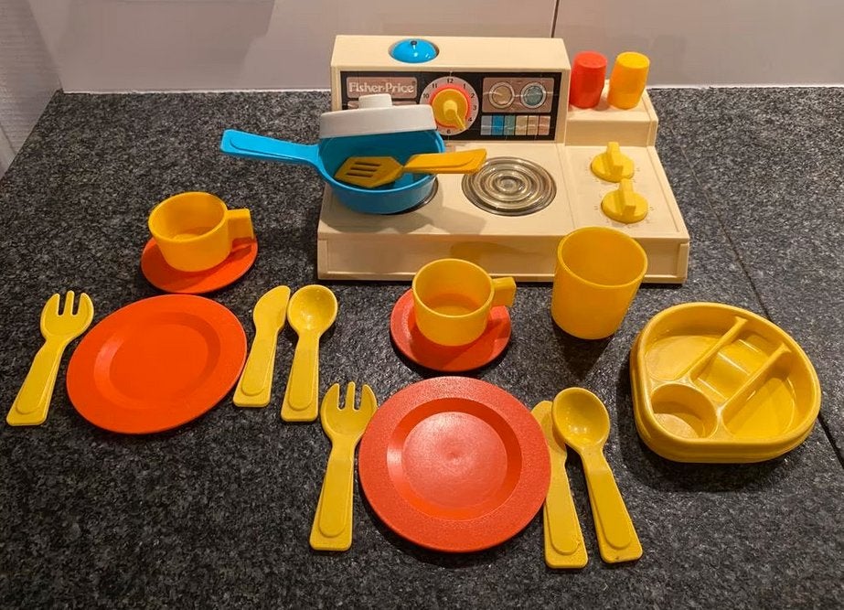 fisher price keukentje met diverse accesoires, vintage, zgan, Ophalen of Verzenden, Gebruikt, Speelset