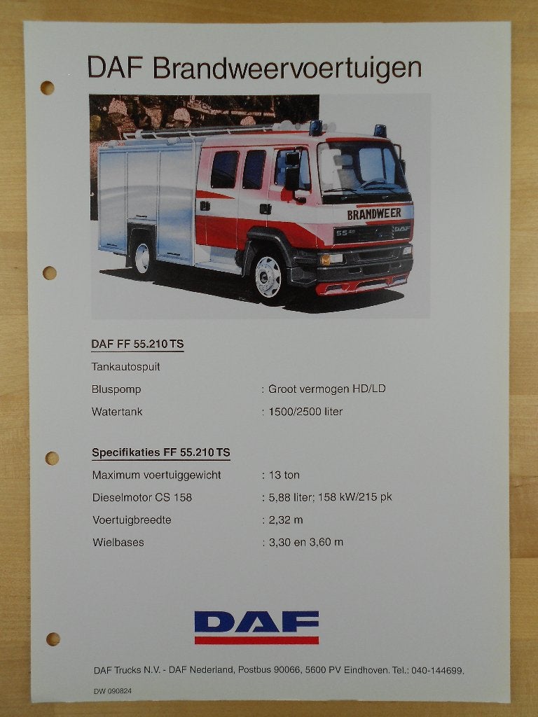 DAF FF 55 . 210 Brandweer Specificatie Folder 1995, Ophalen of Verzenden, Zo goed als nieuw, Overige merken, DAF