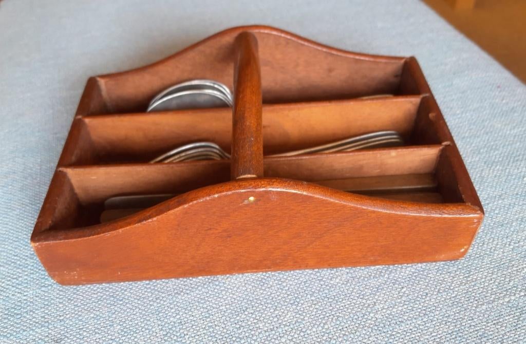 Vintage tinnen kinderbestek in houten doosje, Ophalen of Verzenden