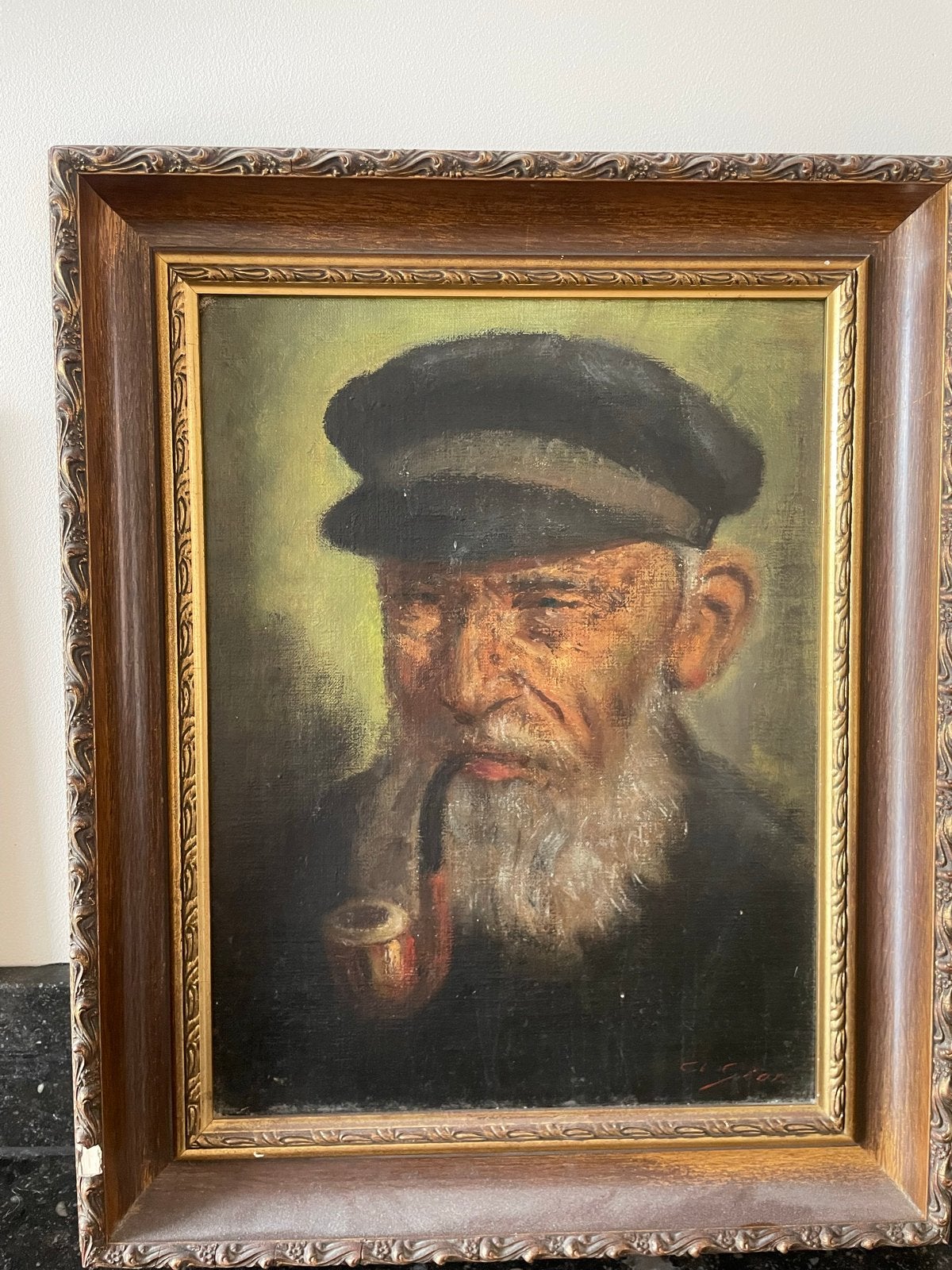 Olieverfschilderij van een oude man met pijp, zeeman, Ophalen, Doek, Portret of Personen, Realistisch