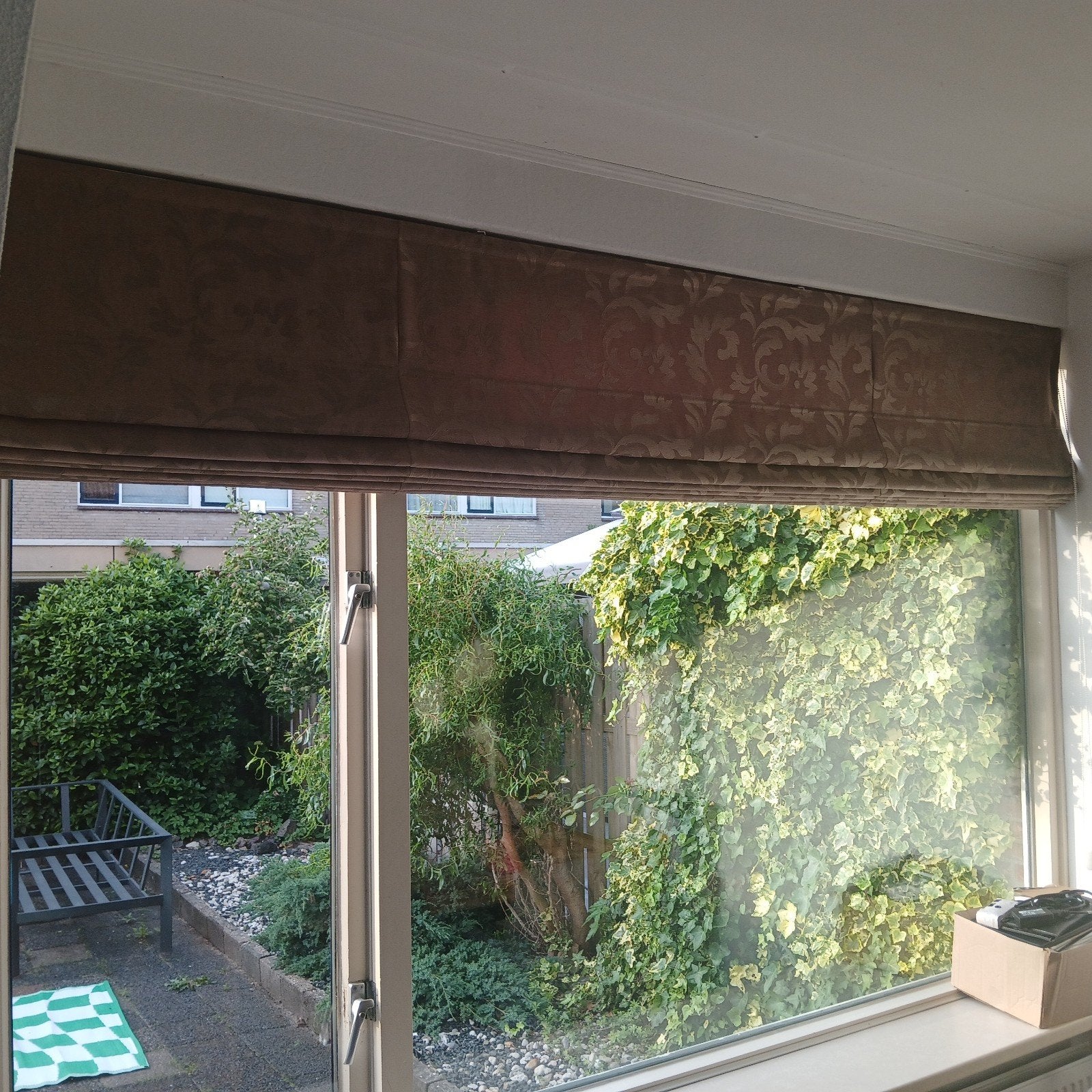 Rolgordijnen voor en achter raam - Bruin met patroon, Ophalen, Gebruikt, Bruin, 150 tot 200 cm
