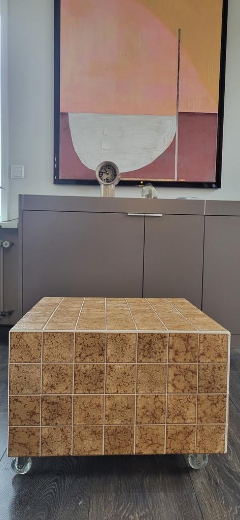 Super leuke salontafel/ tegeltafel op wieltjes., Ophalen, 50 tot 100 cm, 50 tot 100 cm, Zo goed als nieuw