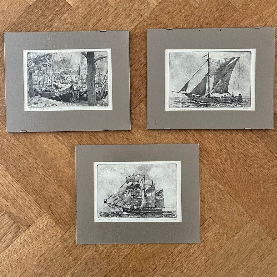 Drie etsen van zeilschepen van Bart Reindersma, Antiek en Kunst, Ophalen of Verzenden