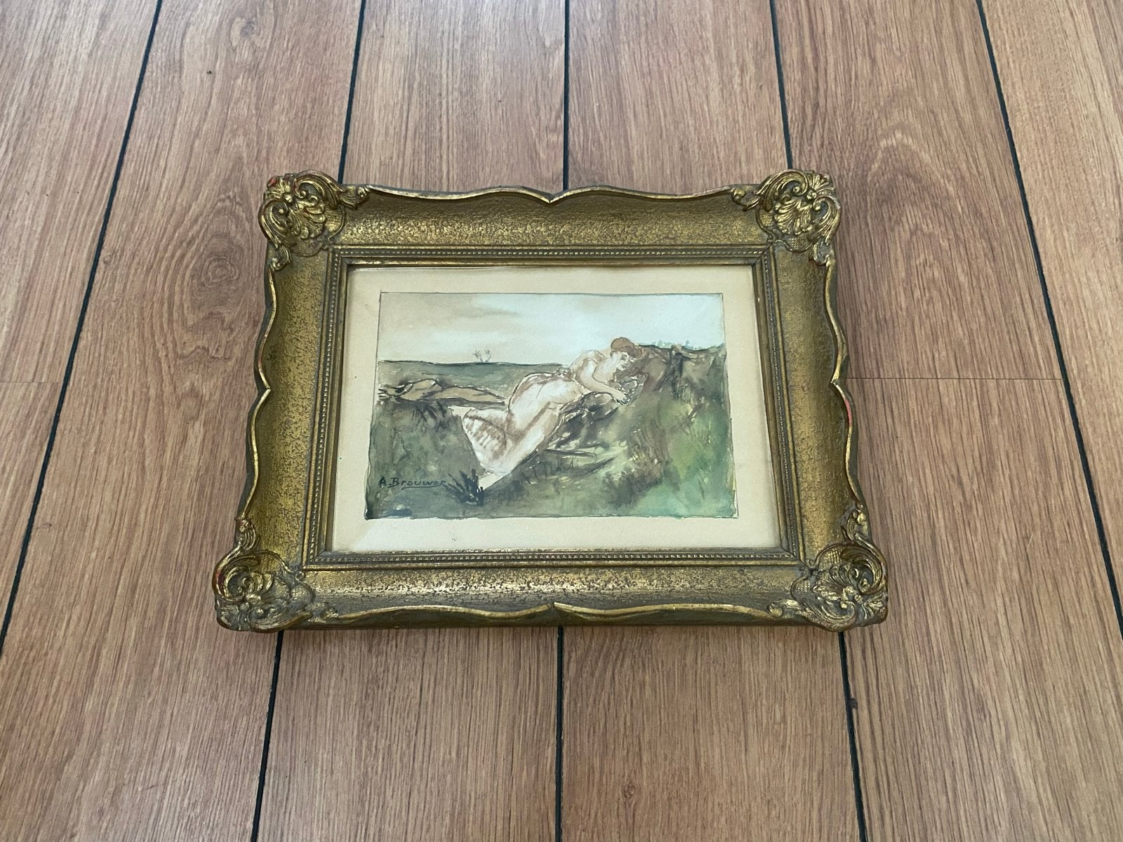 A. Brouwer aquarel: Liggende naakte vrouw in landschap, Ophalen of Verzenden, Tekening, Aquarel, Gesigneerd
