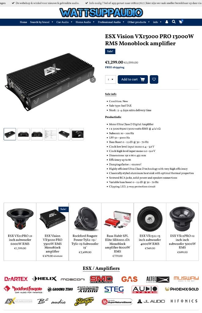 ESX Vision VX13000 PRO 13000W RMS Monoblok versterker, Auto diversen, Audio Design, Nieuw, Am Breilingsweg 3, 76709 Kronau, Duitsland