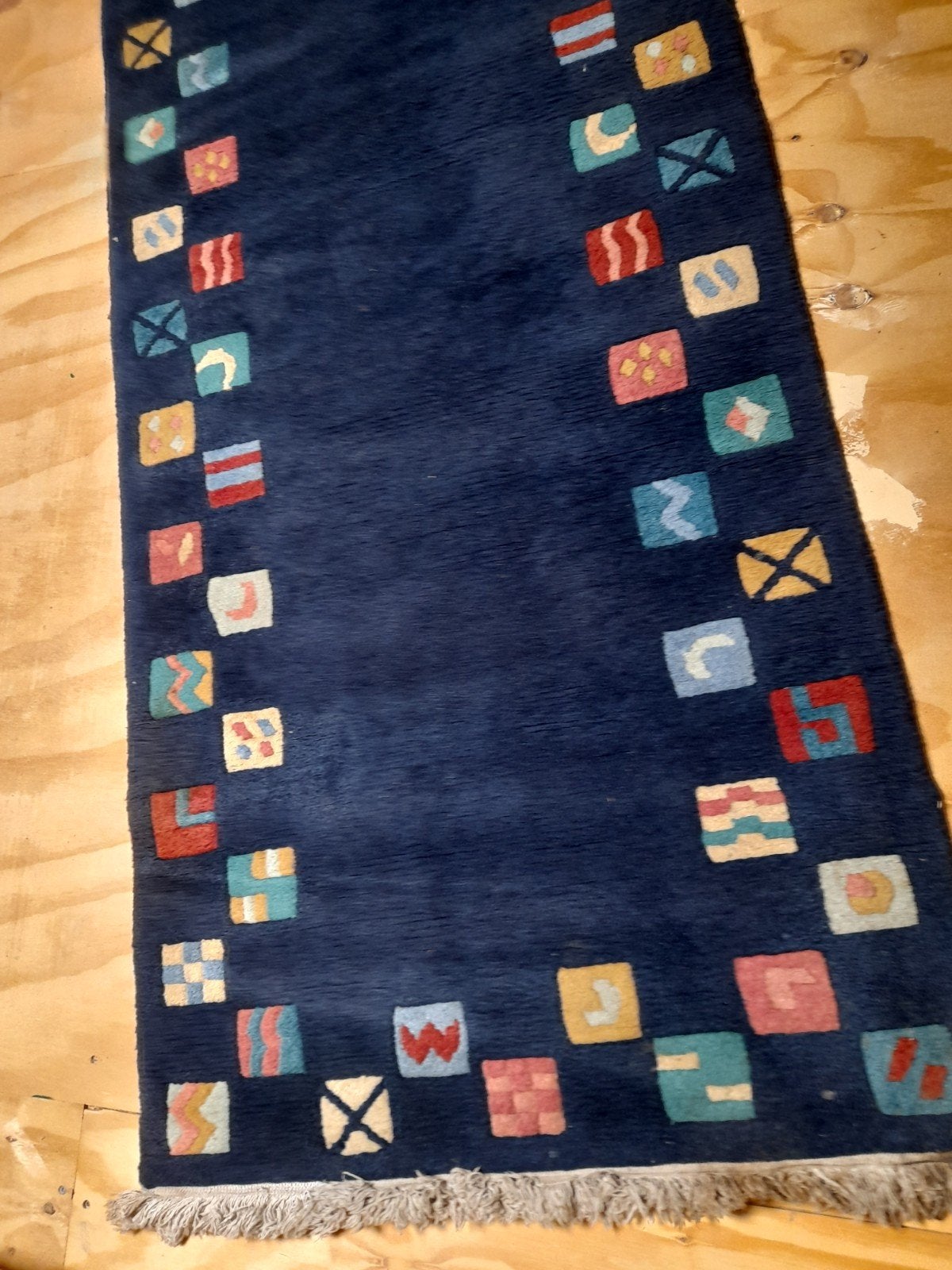 Loper blauw met kleurrijke vierkante patronen, Ophalen, Gebruikt, Modern, Speels, 200 cm of meer