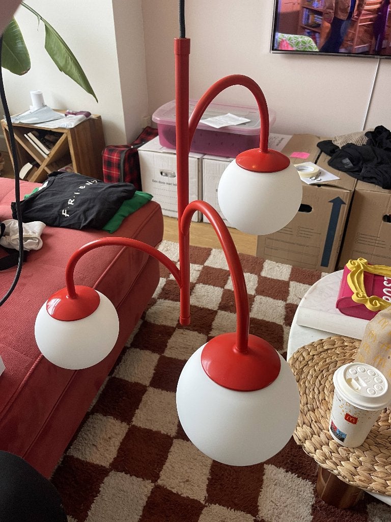 Hanglamp ikea (rood gespoten), Ophalen, Gebruikt, Glas