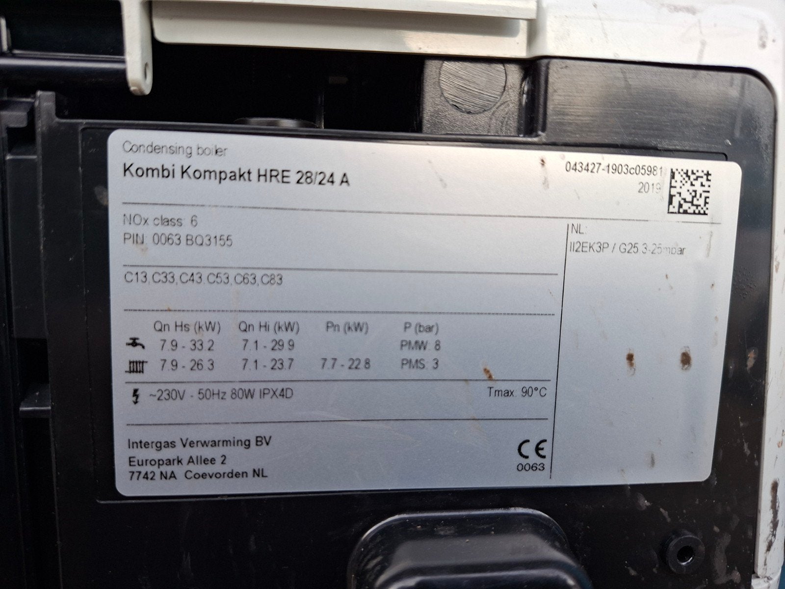 Intergas Hre 28-24 Combiketel CW4 2019, Doe-het-zelf en Verbouw, Verwarming en Radiatoren, Ophalen, 30 tot 80 cm, Hoog rendement (Hr)