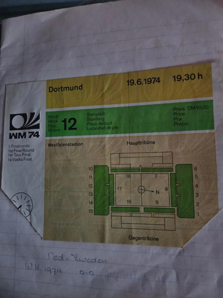 origineel ticket wedstrijd WK Nederland - Zweden 1974, Ophalen of Verzenden, Zo goed als nieuw, Overige typen