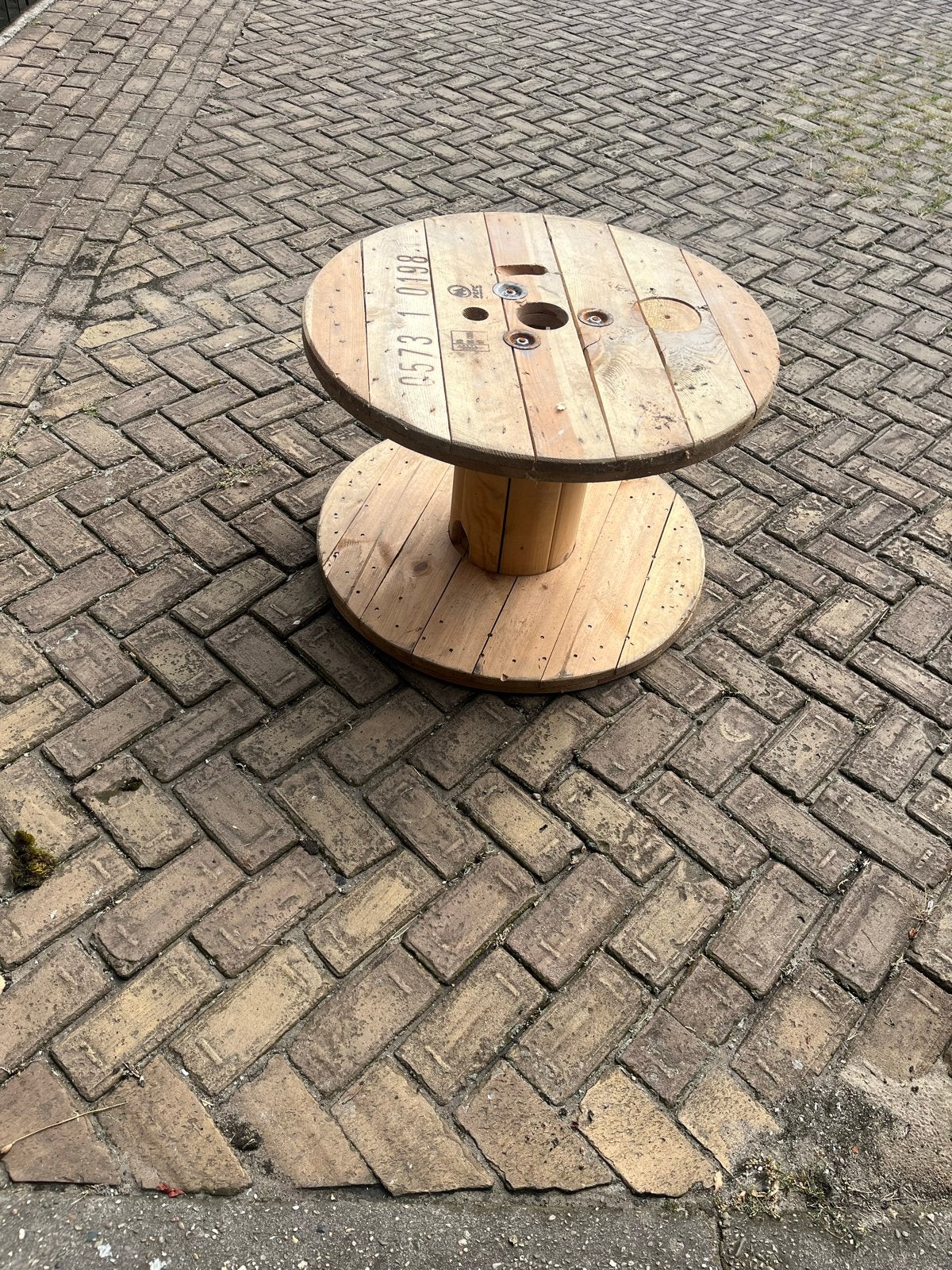 3x Houten kabelhaspel tafel - uniek en robuust, Ophalen, Minder dan 45 cm, Gebruikt, Rond