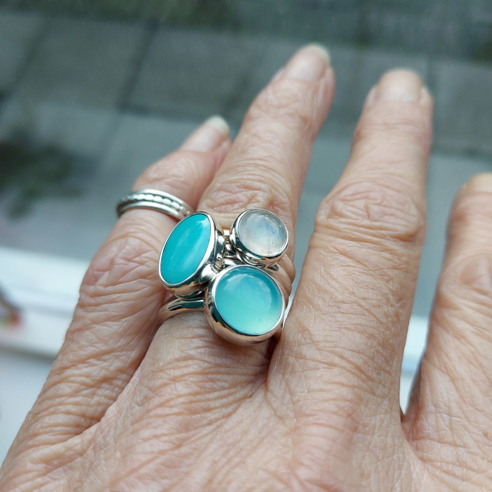 Mooie nieuwe zilveren ring,Maansteen,Turquoise,Agaat mt 16.5, Sieraden, Tassen en Uiterlijk, Blauw, Nieuw, Ophalen of Verzenden