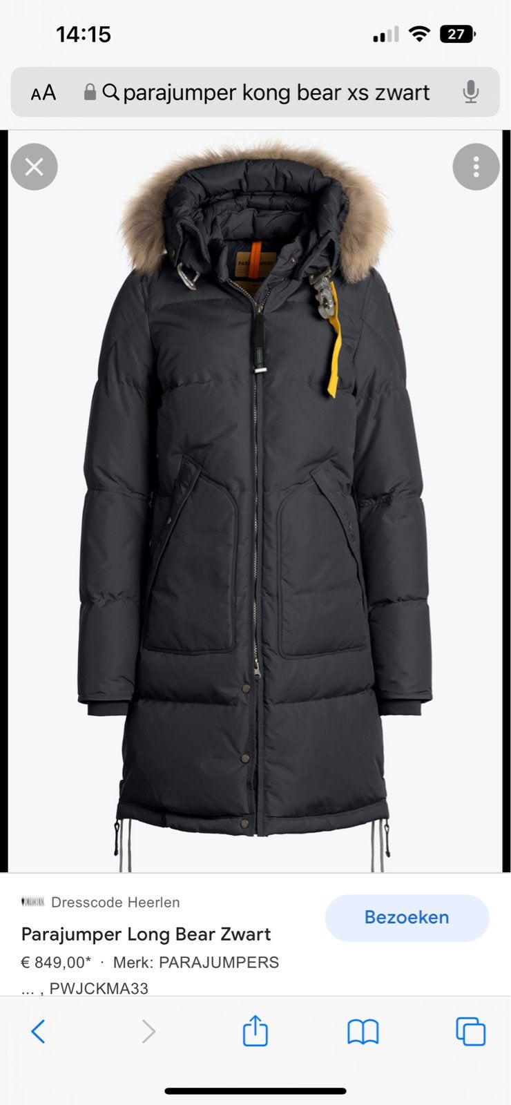 Parajumpers Long Bear Zwart - Maat XS, Ophalen, Zo goed als nieuw, Maat 34 (XS) of kleiner, Zwart