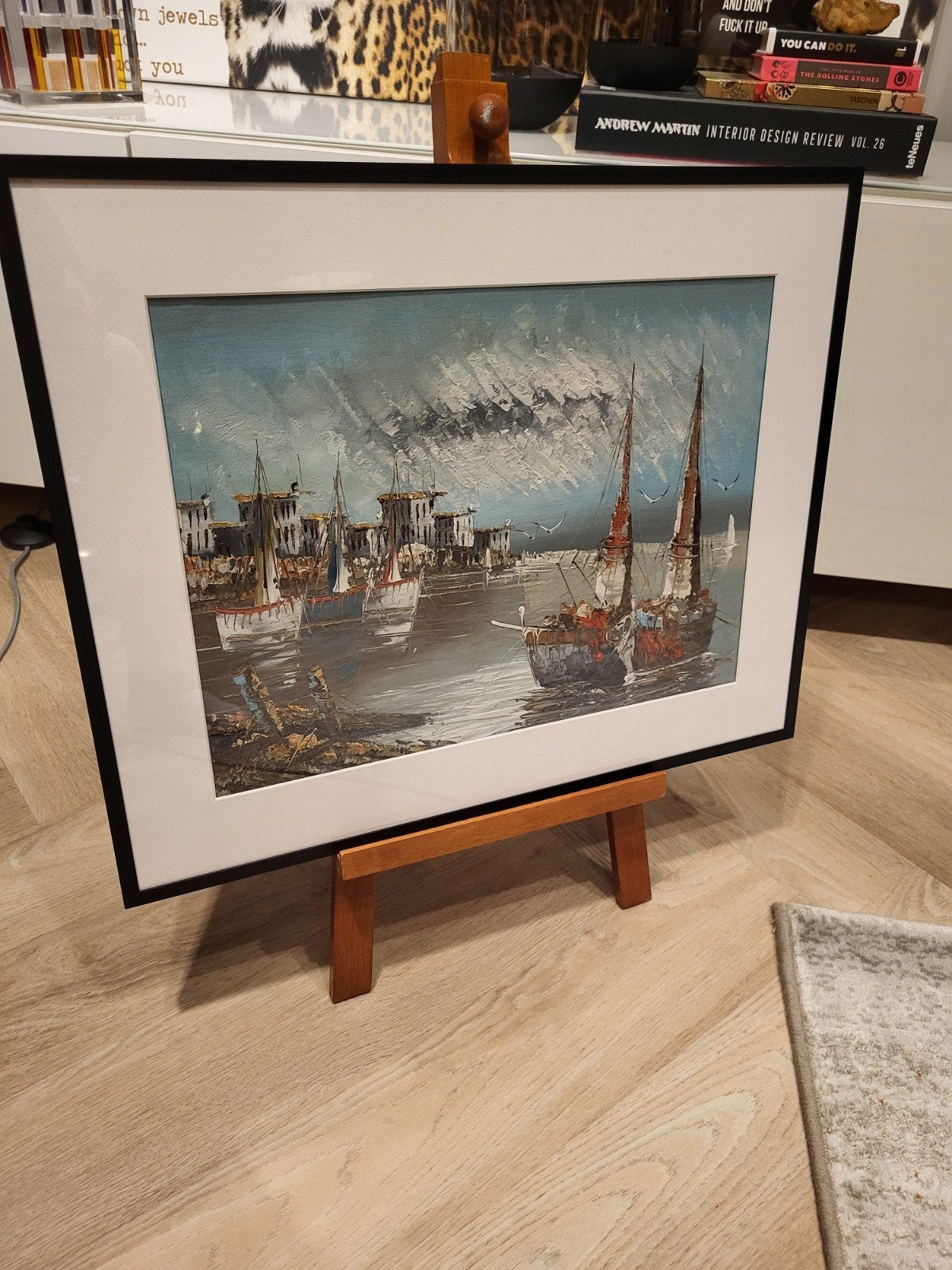 Sfeervol vintage olieverfschilderij haven / boten – compleet, Ophalen of Verzenden