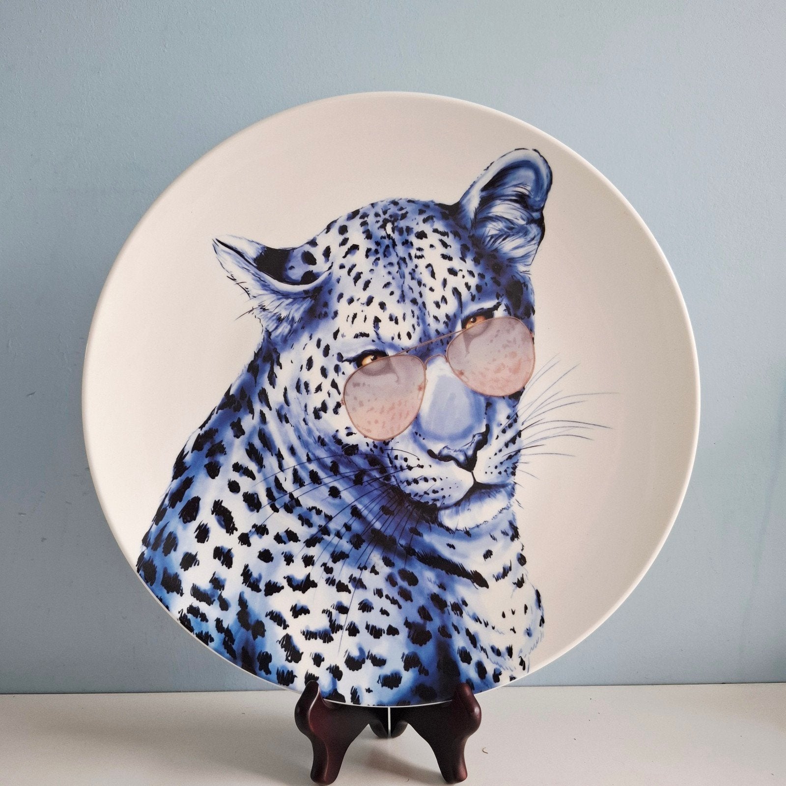 Heinen Delfts Blauw, wandbord - coole Luipaard met zonnebril, Huis en Inrichting, 31 cm, 31 cm, Meerkleurig, Onbekend