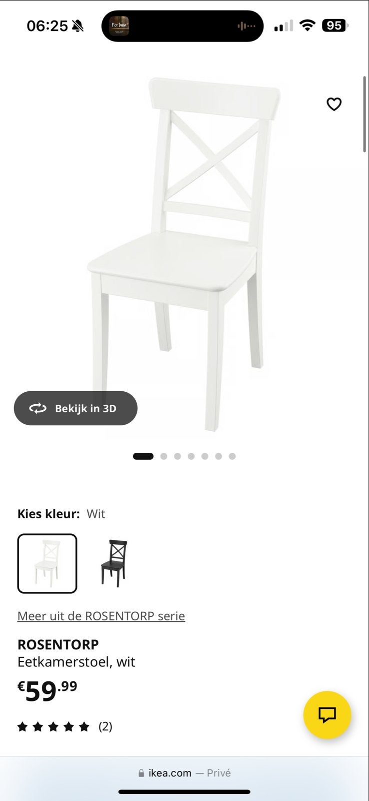 IKEA ROSENTORP Eetkamerstoel wit, Huis en Inrichting, Stoelen, Ophalen, Gebruikt, Wit, Eén