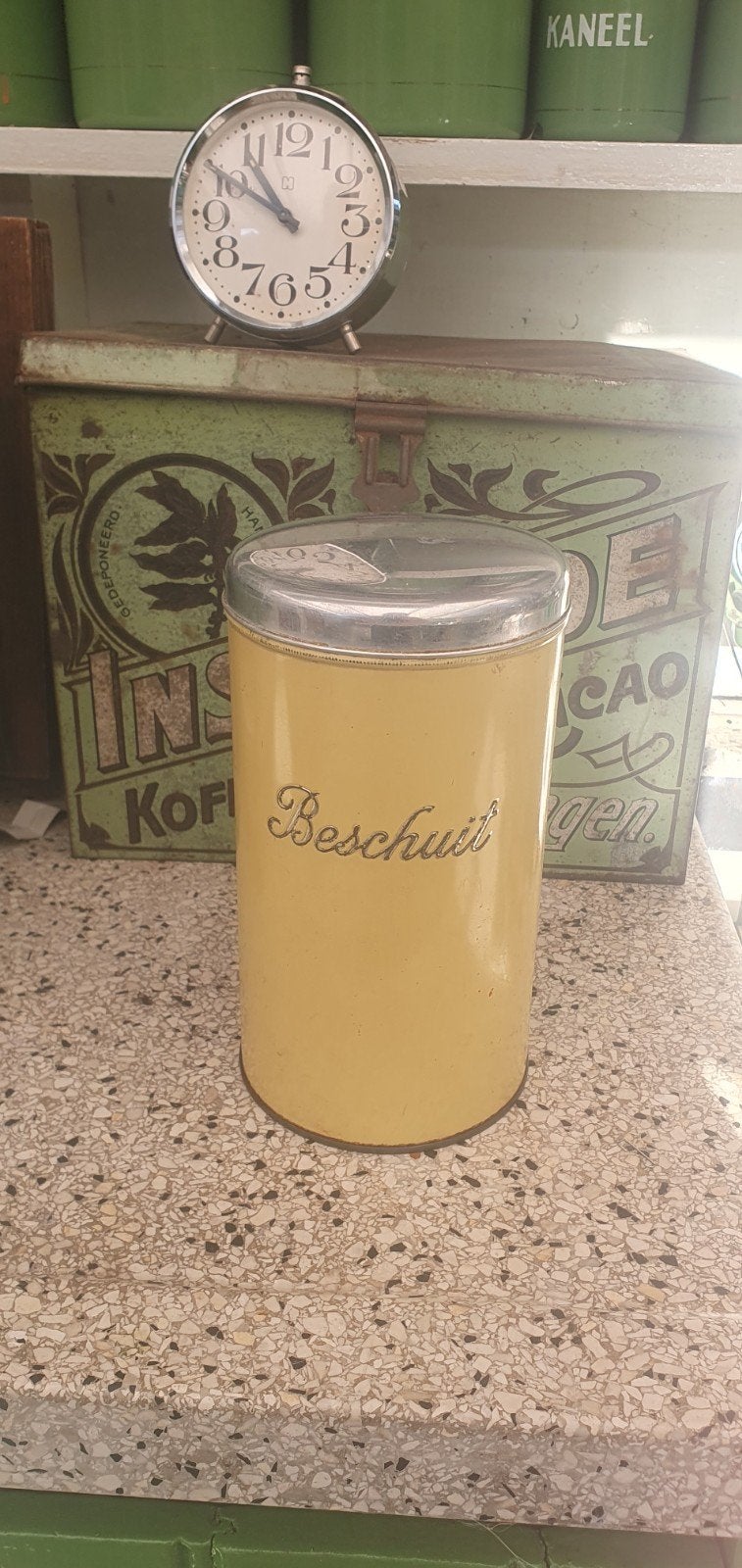 Vintage pastelgele beschuitbus, Ophalen of Verzenden, Gebruikt, Beschuit
