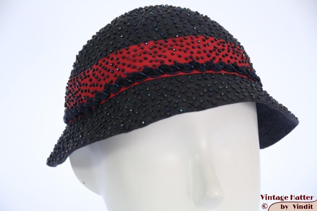 Vintage Cloche dophoedje Alfreda donker blauw kraaltjes 54, 134 t/m 140, Gebruikt, Meisje, Hoed