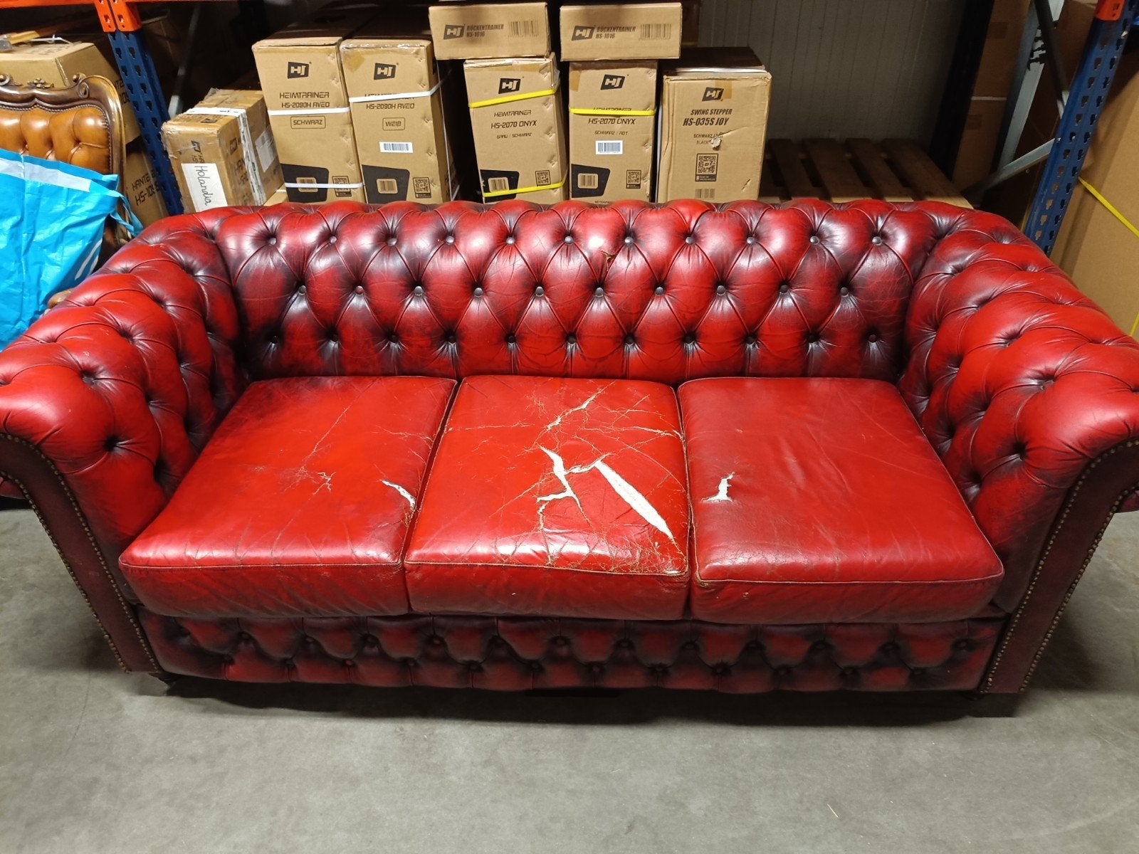 Chesterfield bank rood leer - 2-zits en 3-zits, Ophalen, Gebruikt, Driepersoons, Rechte bank