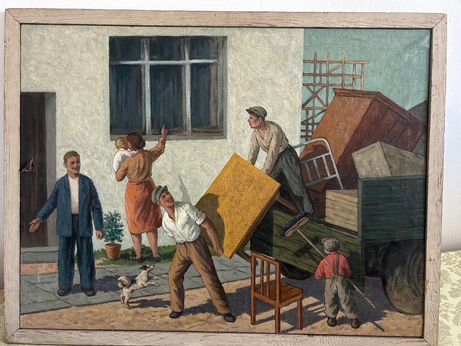 Schilderij sociaal realisme “ Op het nieuw huis”, Ophalen of Verzenden