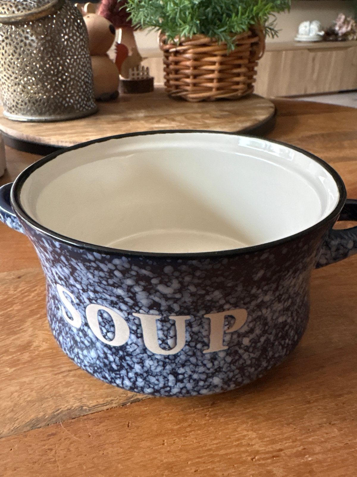 Set van 2 Keramische Soepkommen met Oren - Blauw Gespikkeld, Huis en Inrichting, Ophalen of Verzenden, Zo goed als nieuw, Keramiek