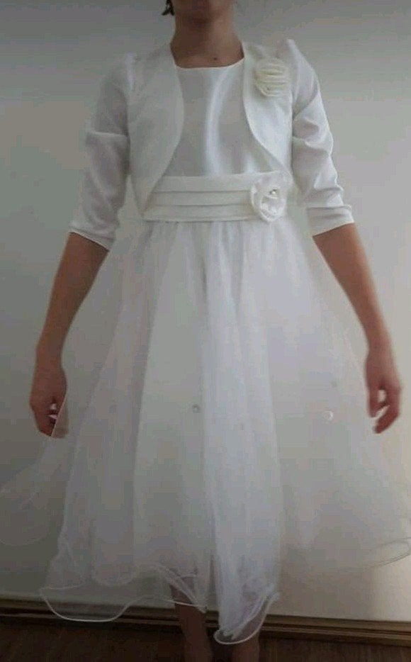 Witte communiejurk/feestjurk met bolero, Ophalen of Verzenden, Zo goed als nieuw, 134 t/m 140, Meisje
