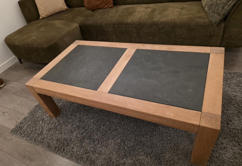 Houten salontafel (inclusief vloerkleed), Ophalen, 50 tot 100 cm, Zo goed als nieuw, Minder dan 50 cm