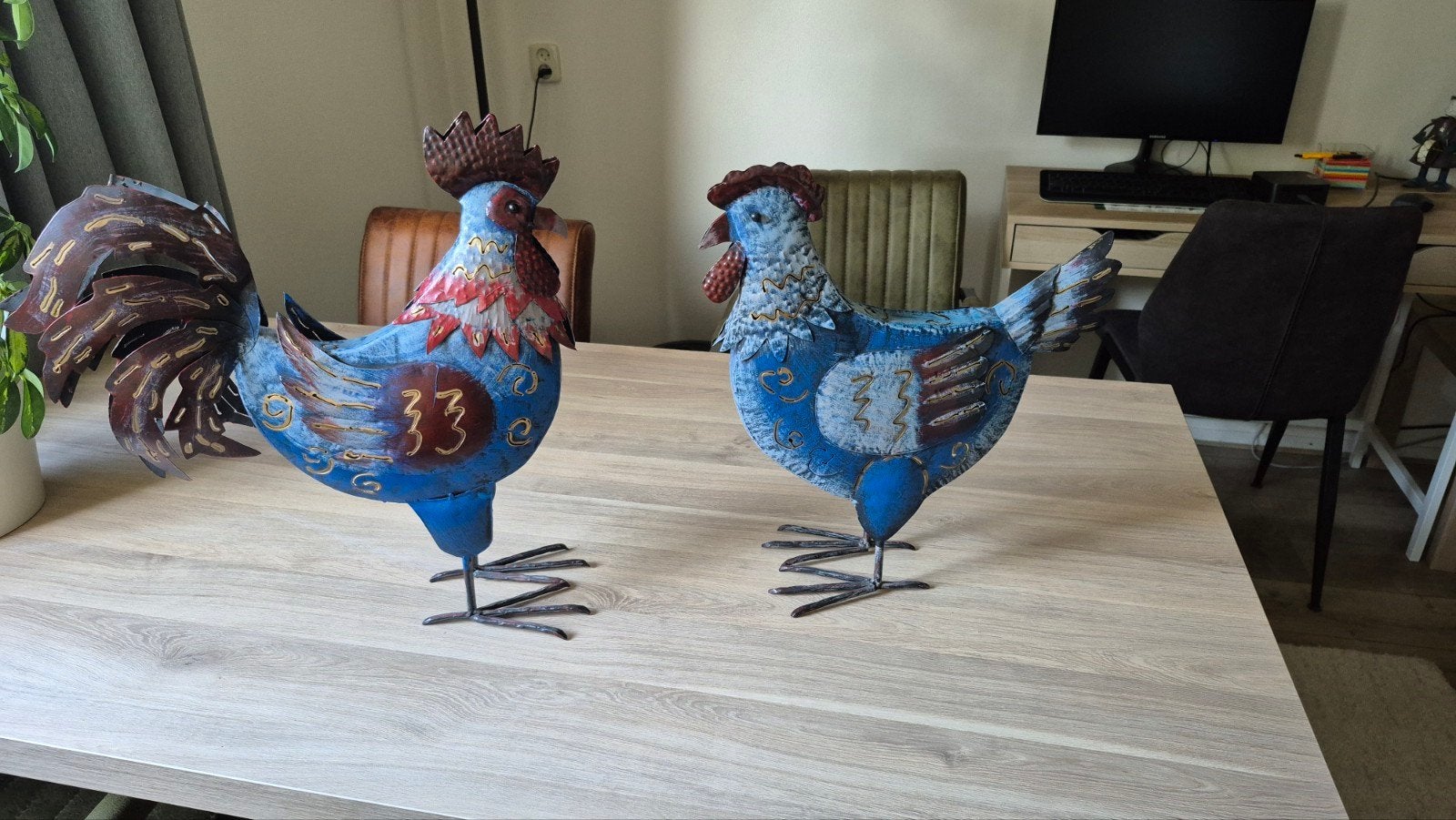 Decoratieve metalen haan en kip., Ophalen, Gebruikt, Blauw, Landelijk