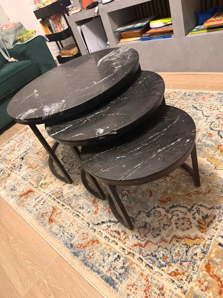 Set van 3 Marmeren Salontafels - Zwart met Witte Aderen, Ophalen, Overige materialen, Rond, 50 tot 100 cm