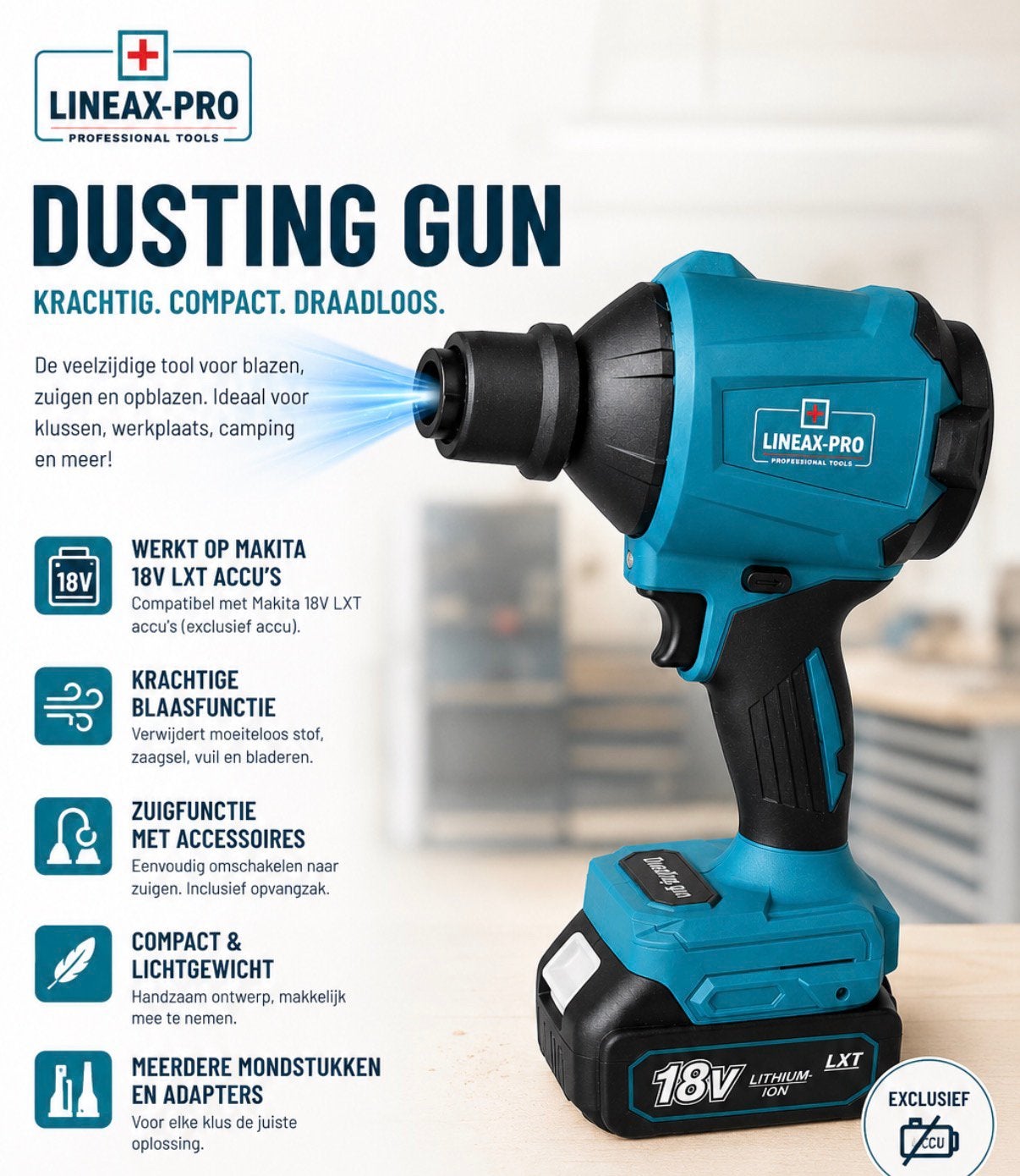 Dusting Gun – Geschikt voor Makita 18V LXT (excl)Accu’s, Doe-het-zelf en Verbouw, Gereedschap | Handgereedschap, Lineax pro, NL