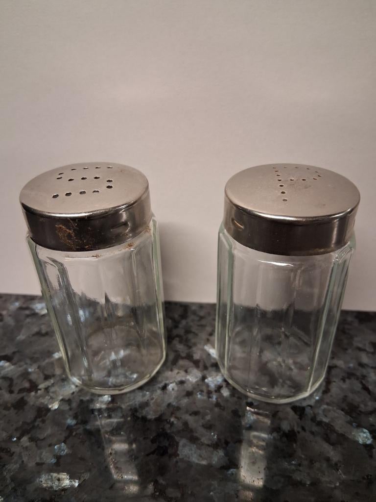Peper en zout stel, glas en metaal, Ophalen of Verzenden