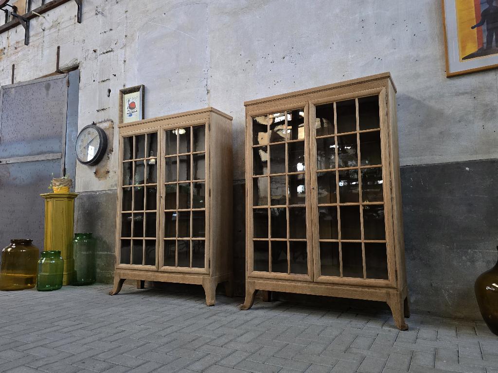2x Vintage Eiken Hout Vitrinekast | Landelijke Vitrine Kast, Glas, 100 tot 150 cm, Ophalen of Verzenden, Vintage Landelijk Klassiek Modern