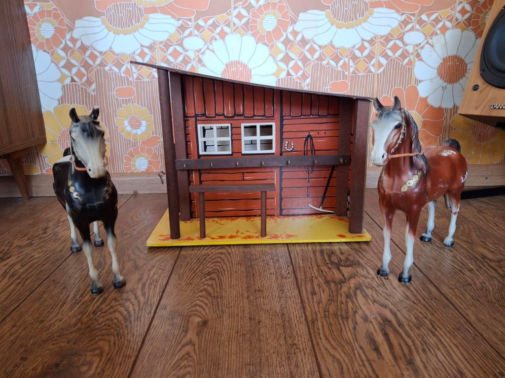 Vintage wooden sio western paardenstal met 2  breyer horse, Ophalen of Verzenden
