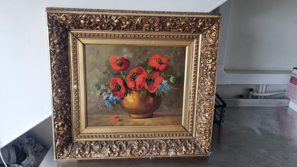 Antiek schilderij klaprozen barok lijst, Ophalen