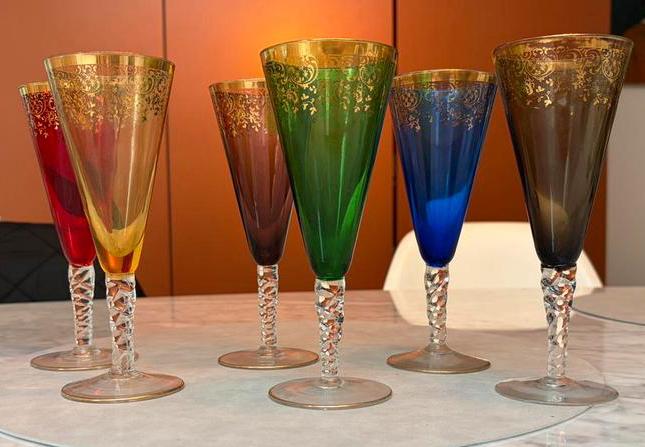 6 venetiaanse italiaanse champagneglazen gekleurd goud, Verzamelen, Glas en Borrelglaasjes, Gebruikt, Overige typen, Ophalen of Verzenden