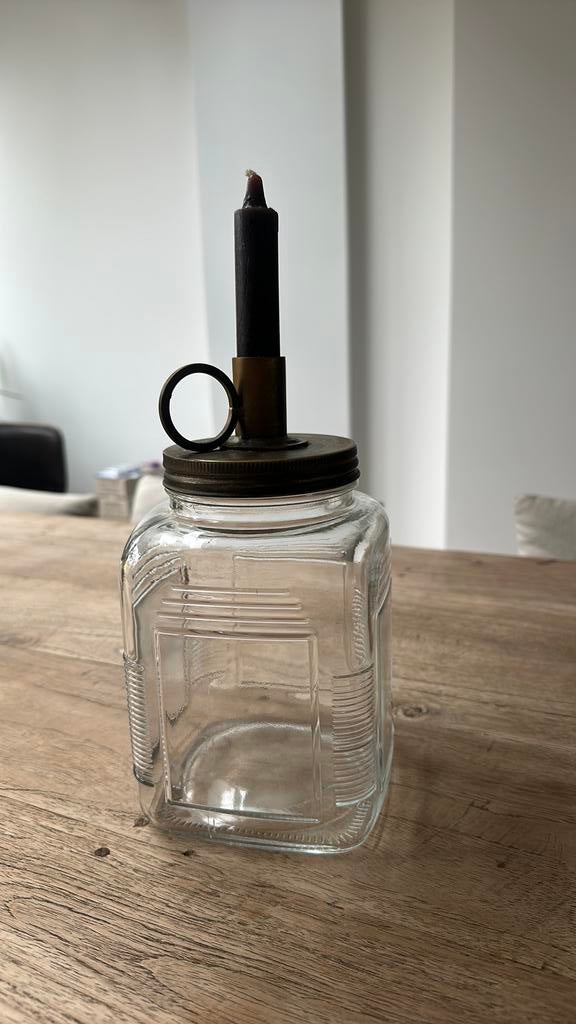 Glazen pot met goud bronzen deksel kandelaar, Huis en Inrichting, Woonaccessoires | Stolpen, Ophalen of Verzenden, Zo goed als nieuw