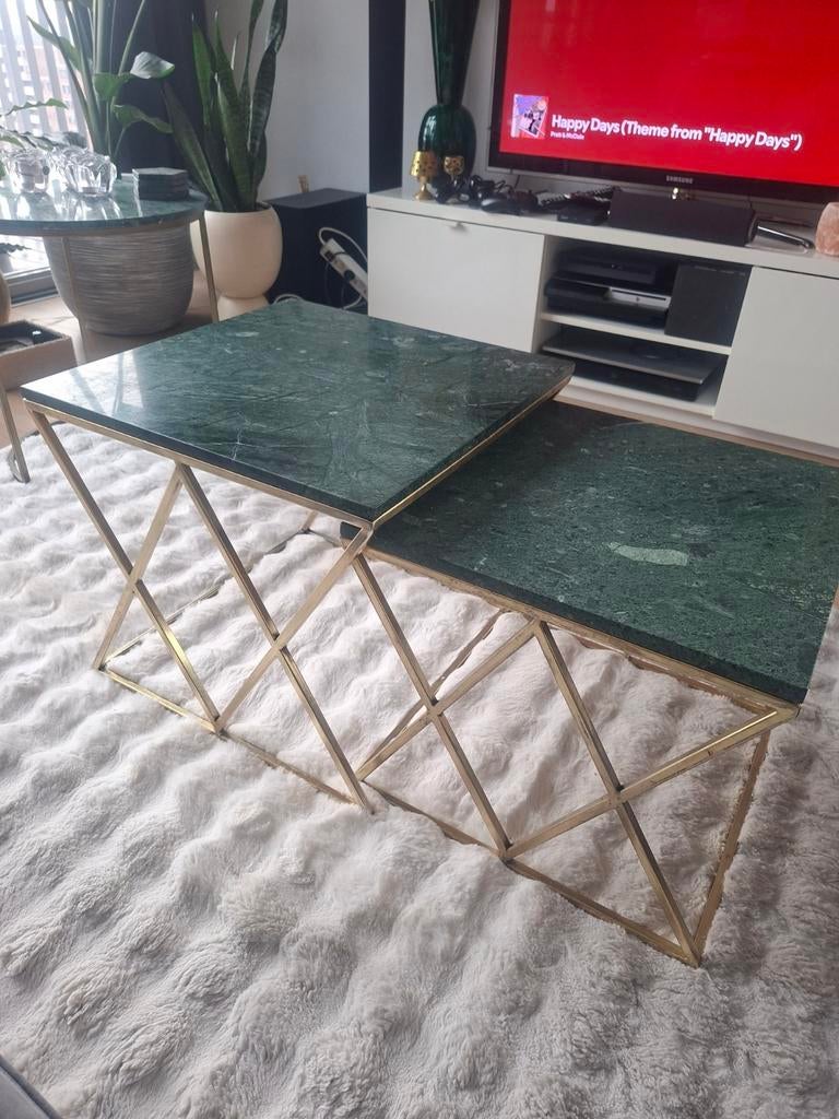 Groene marmeren salontafel set met messing onderstel, Huis en Inrichting, Tafels | Salontafels, Ophalen, Minder dan 50 cm, Gebruikt